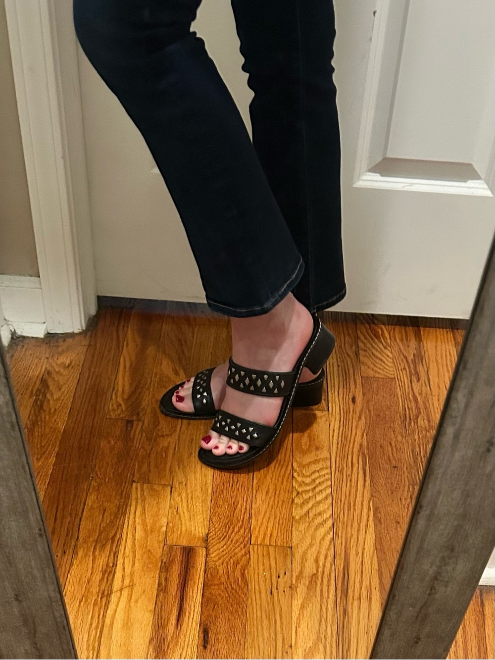 Donald J. Pliner Black Italian Leather Studded Double Strap Low Heel Sandals - Picture 3 of 16